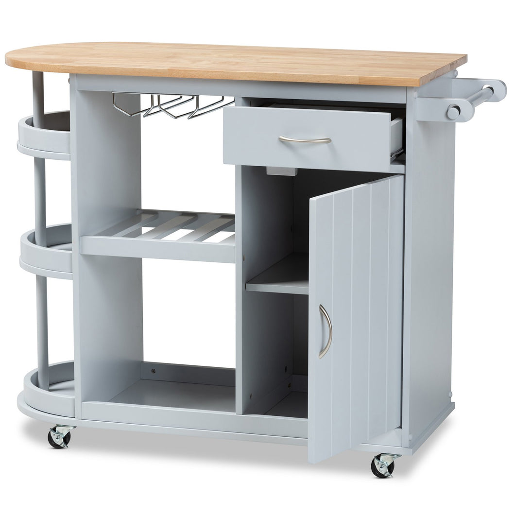 BAXTON STUDIO DONNIE COASTAL AND FARMHOUSE TWO-TONE LIGHT GREY AND NATURAL FINISHED WOOD KITCHEN STORAGE CART